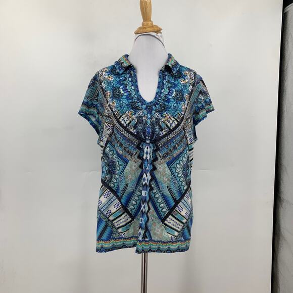 Lucky In Love Blouse Womens XL Extra large Multi Johnny Collar Short Sleeve Top - Picture 2 of 10